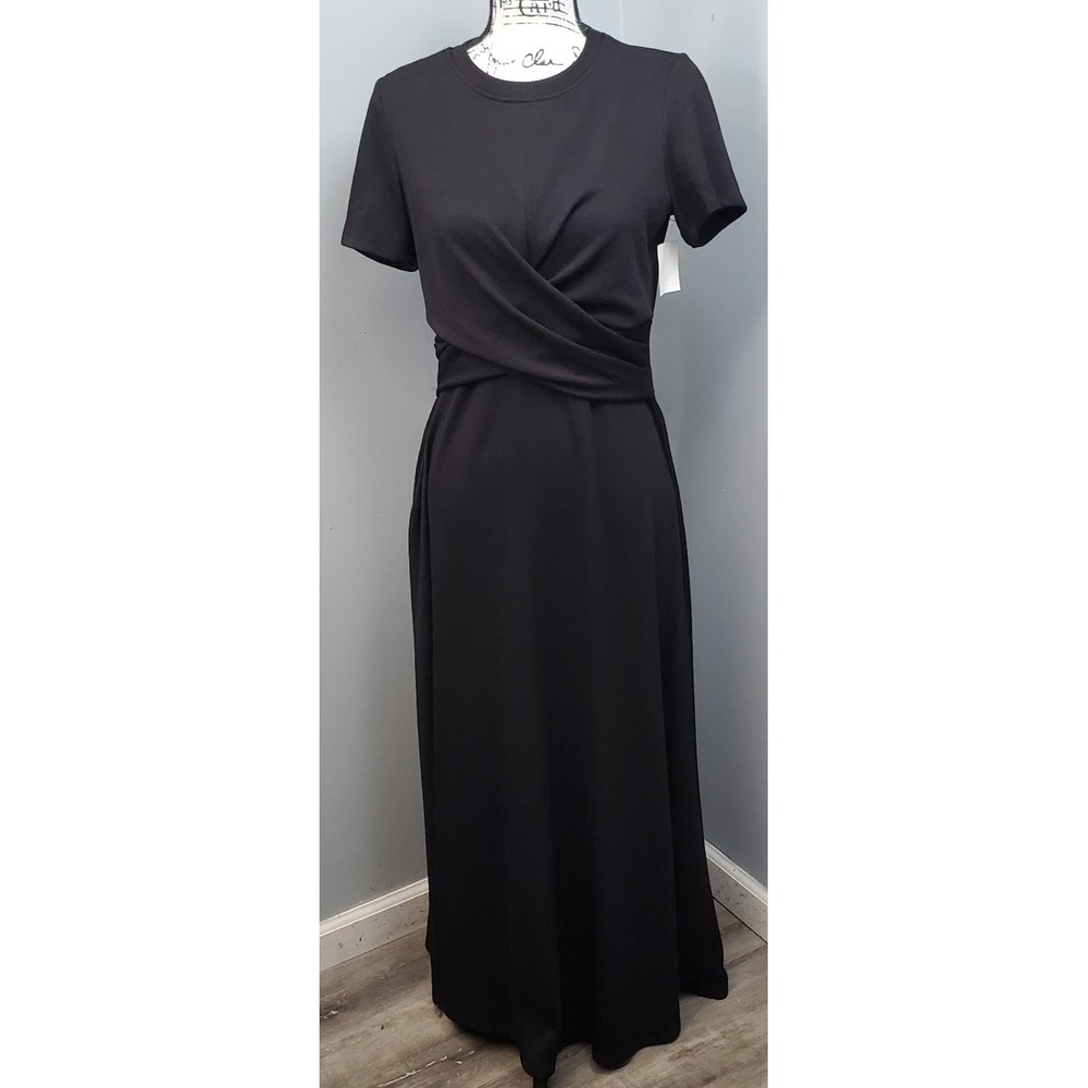 Halogen Maxi Dress Womens Medium Black Twisted Waist Short Sleeve Crew Neck